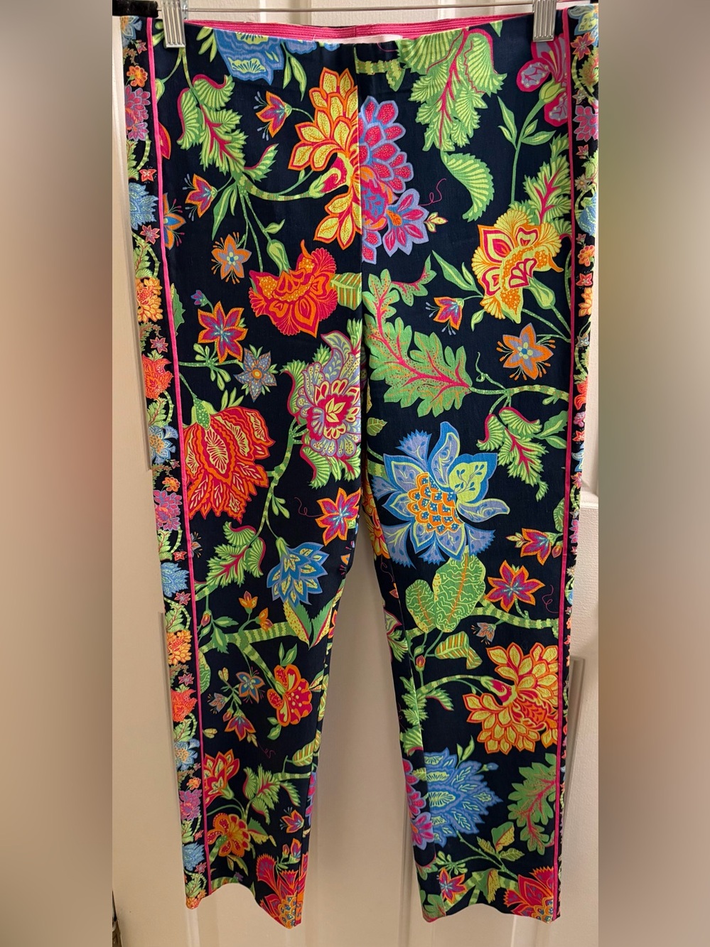 Gretchen Scott Designs Navy Floral Slim Pants with Pink Waistband